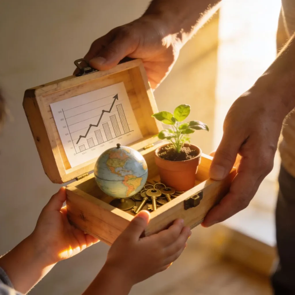 Close-up photorealistic hands passing a symbolic wooden toolbox filled with savings charts, globe, plant, and keys to a child, representing tools that boost the average financial IQ of kids.