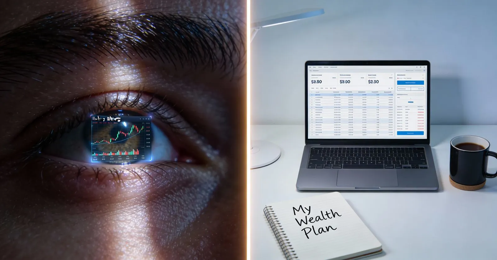Close-up of an eye reflecting stock ticker charts symbolizing average IQ of investment banker genius, contrasted with home office wealth plan on laptop.