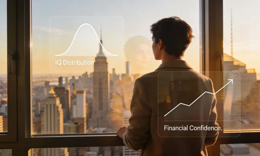 Person's reflection in high-rise window showing average IQ of investment banker distribution bell curve and financial confidence graph against city skyline.