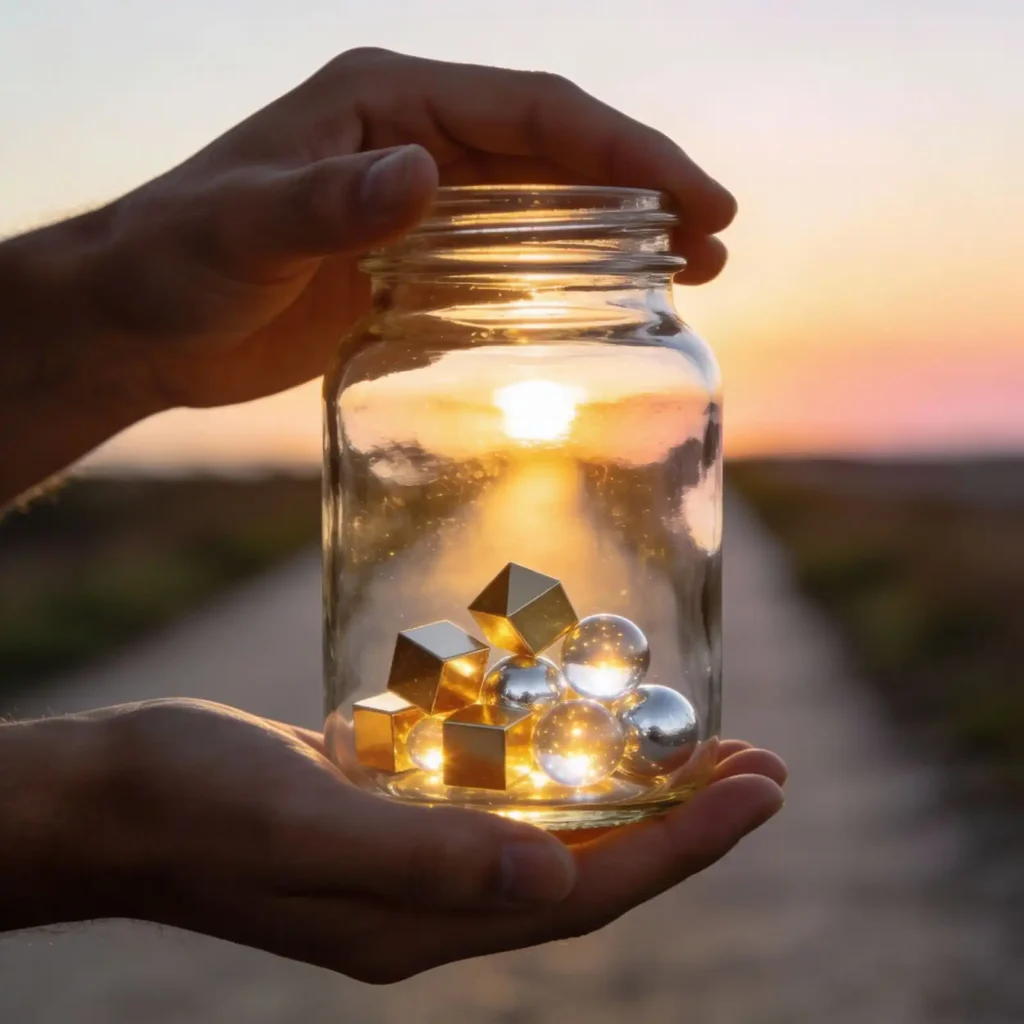 Hands holding glowing jar of structured assets symbolizing personal finance control beyond average IQ of investment banker, with sunrise path background.