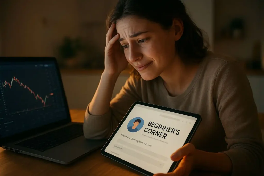 A beginner discovering a cryptocurrency forum for beginners that simplifies crypto learning and reduces confusion