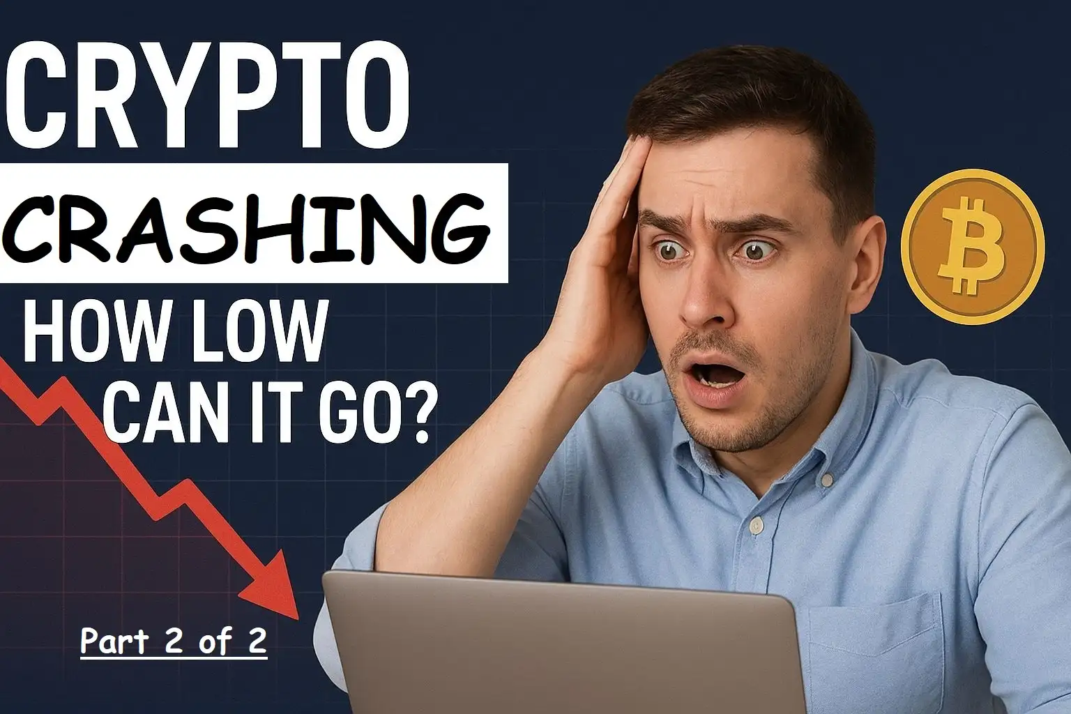 Shocked investor reacting to crypto crashing as a red downward chart and Bitcoin icon display a sudden market plunge.