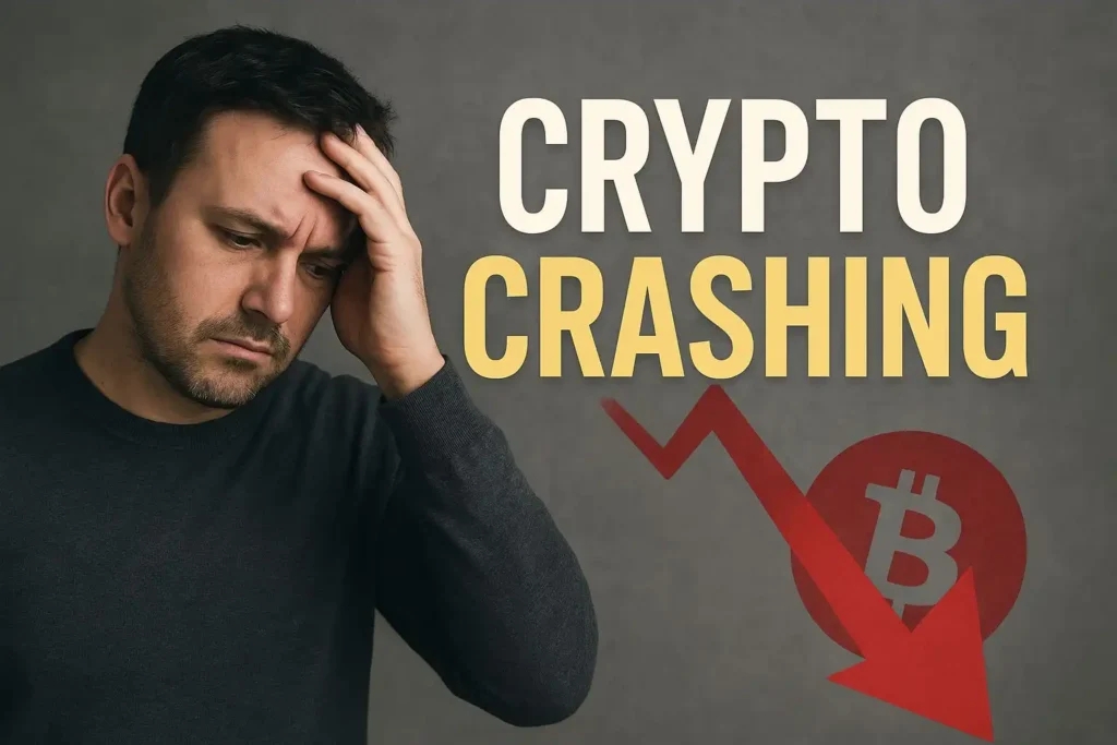 Worried investor reacting to crypto crashing trends with a downward Bitcoin chart in the background.