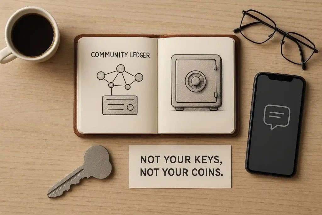 Concept visualization of a cryptocurrency forum for beginners explaining wallets, keys, and blockchain basics through simple analogies