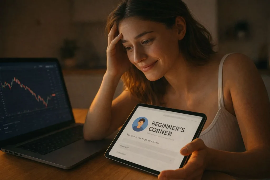 Young beginner feeling overwhelmed by crypto charts finds clarity through a cryptocurrency forum for beginners on a tablet