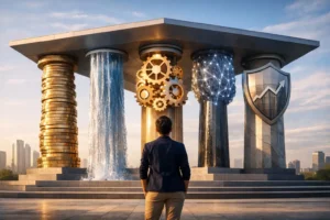 Five pillars of Financial IQ represented by interconnected pillars symbolizing mindset, cash flow, assets, leverage, and financial defense