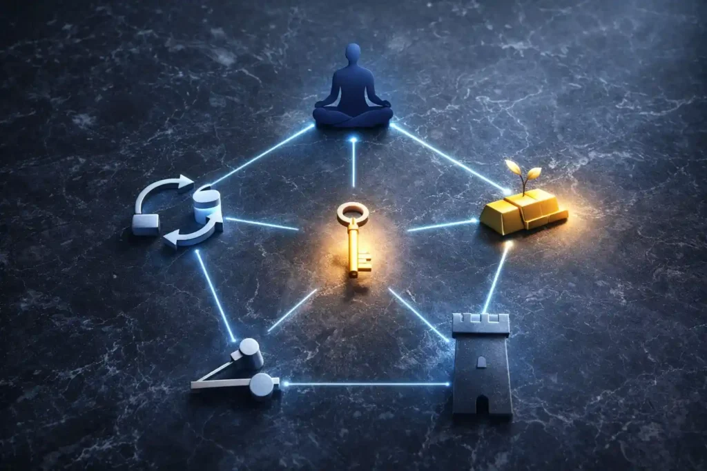 Five pillars of Financial IQ shown as a connected pentagon representing mindset, cash flow, assets, leverage, and financial defense