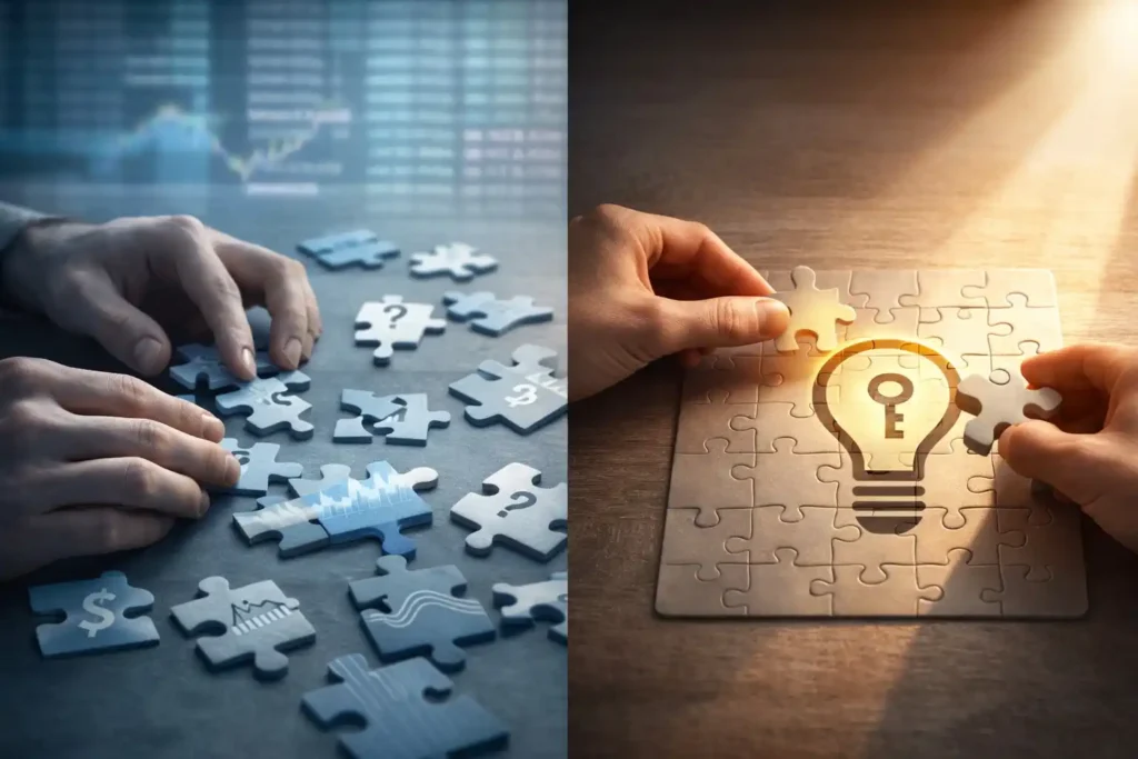 Five pillars of Financial IQ illustrated as a transition from financial confusion to clarity using a puzzle metaphor