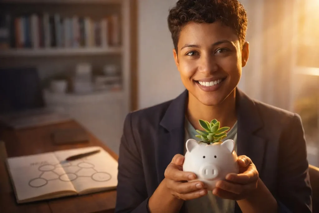 Five pillars of Financial IQ symbolized by a confident person holding a piggy bank with a growing plant