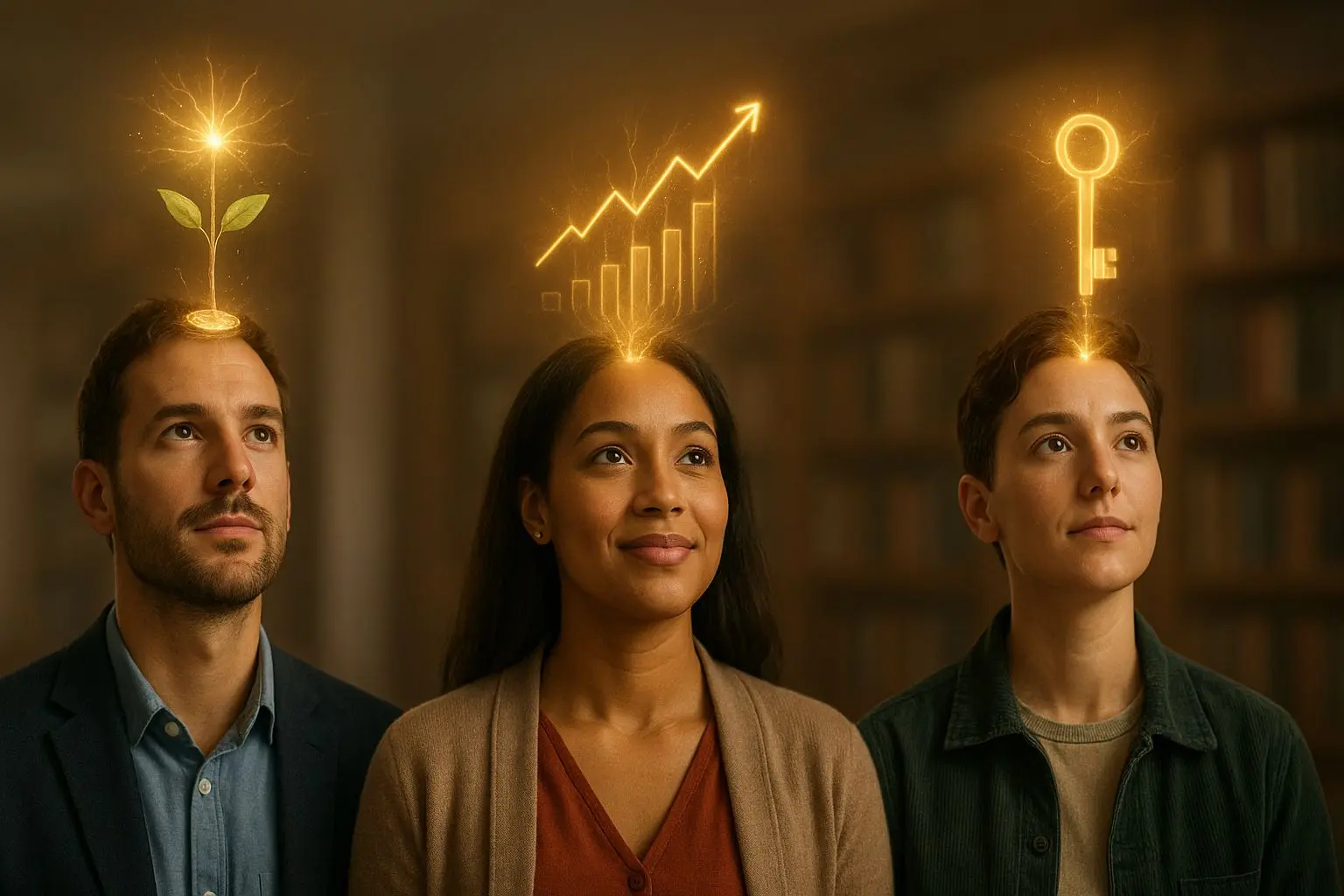 Photorealistic image showing three professionals visualizing financial intelligence, symbolizing how to enhance IQ for money growth through applied thinking and smart decision-making.