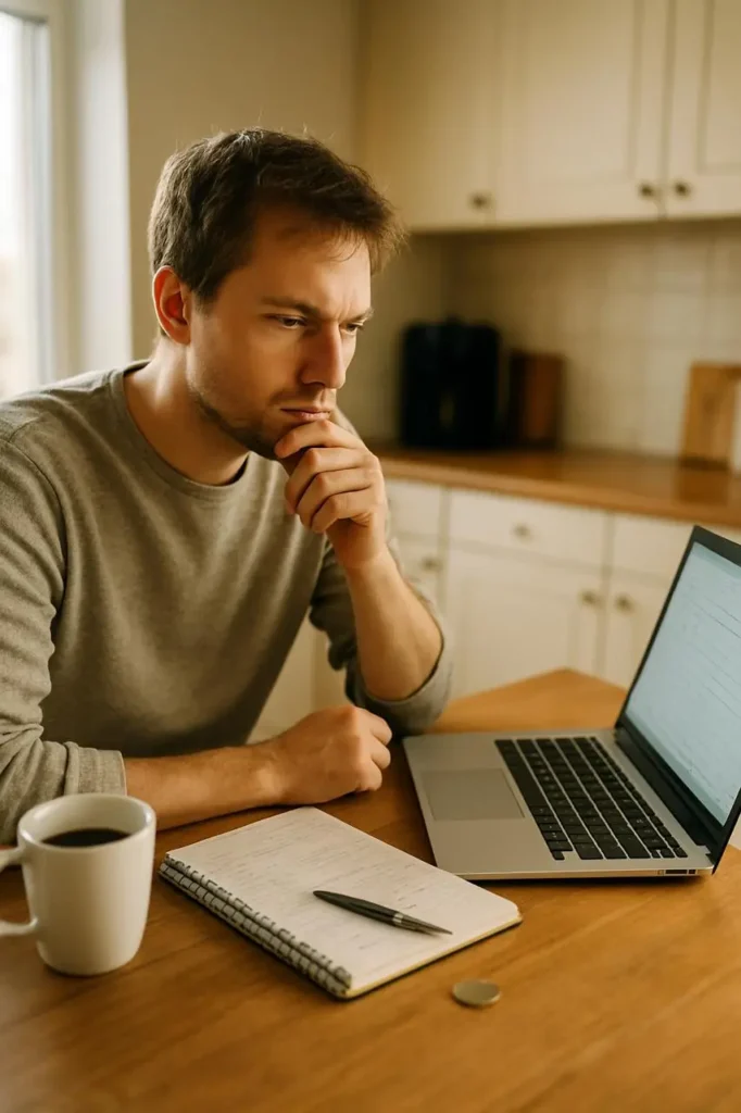 Thoughtful individual reviewing a simple budget at a kitchen table, representing how to enhance IQ for money growth through intentional financial planning.