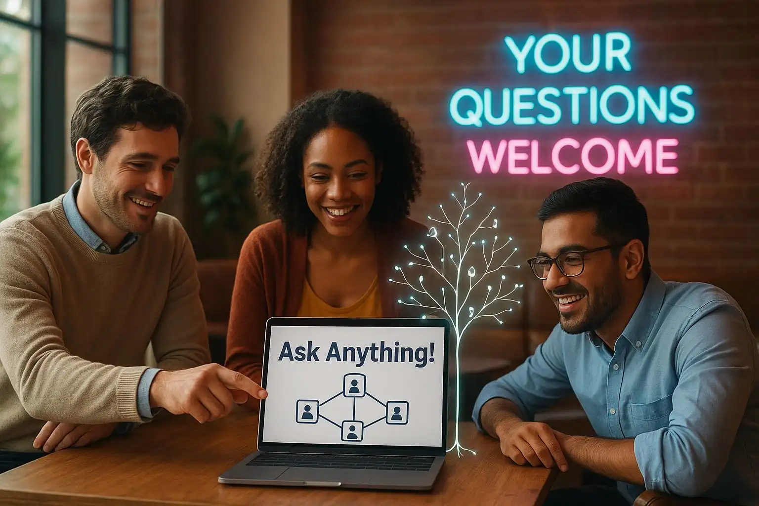 Cryptocurrency forum for beginners shown as a friendly community learning blockchain basics together in a collaborative workspace