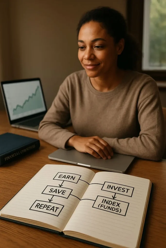 Person in a cozy home office reviewing a simple investment flowchart, showing how to grow money with average IQ using basic habits like saving and index fund investing.