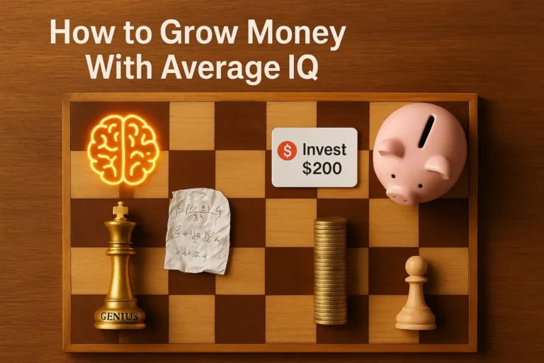 Top-down flat-lay chessboard illustration comparing genius thinking with simple investing habits, showing piggy bank, coins, and ‘Invest $200’ symbol to demonstrate how to grow money with average IQ.