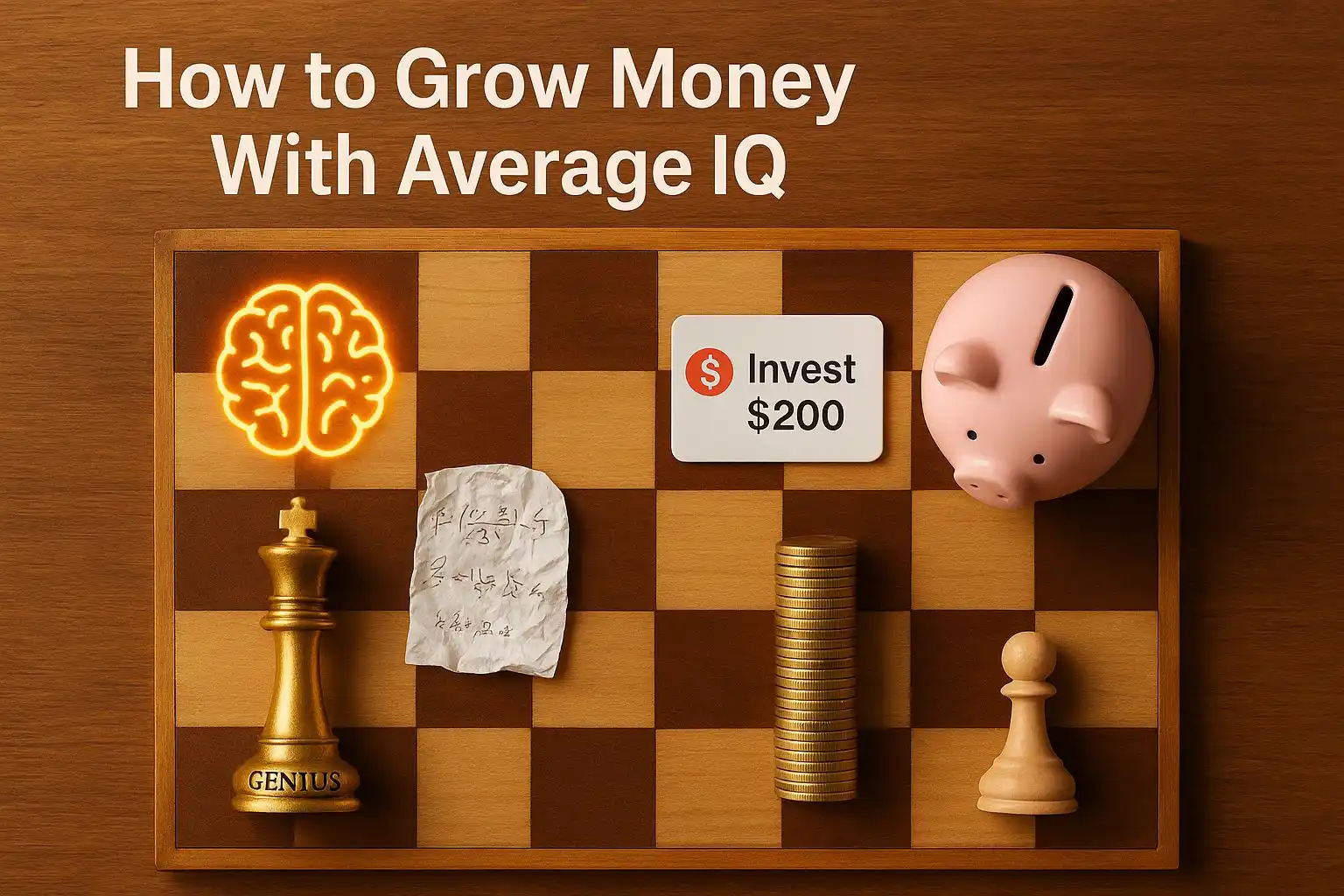 Top-down flat-lay chessboard illustration comparing genius thinking with simple investing habits, showing piggy bank, coins, and ‘Invest $200’ symbol to demonstrate how to grow money with average IQ.
