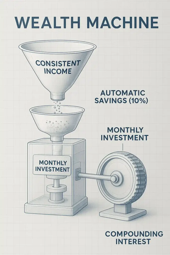 3D blueprint-style infographic of a transparent wealth machine showing how consistent income, automatic savings, and monthly investing create compounding interest to grow money with average IQ.