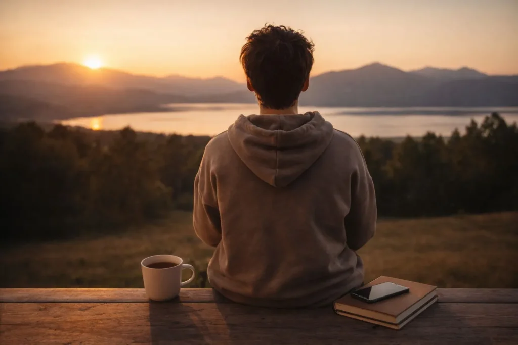 Finding peace after fixing bad spending habits as a person reflects calmly over a scenic sunset landscape