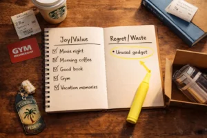 Expense review notebook showing bad spending habits by comparing joy versus regret purchases on a wooden desk