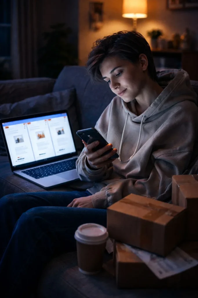 Late-night online shopping showing bad spending habits as a young adult feels regret surrounded by delivery boxes