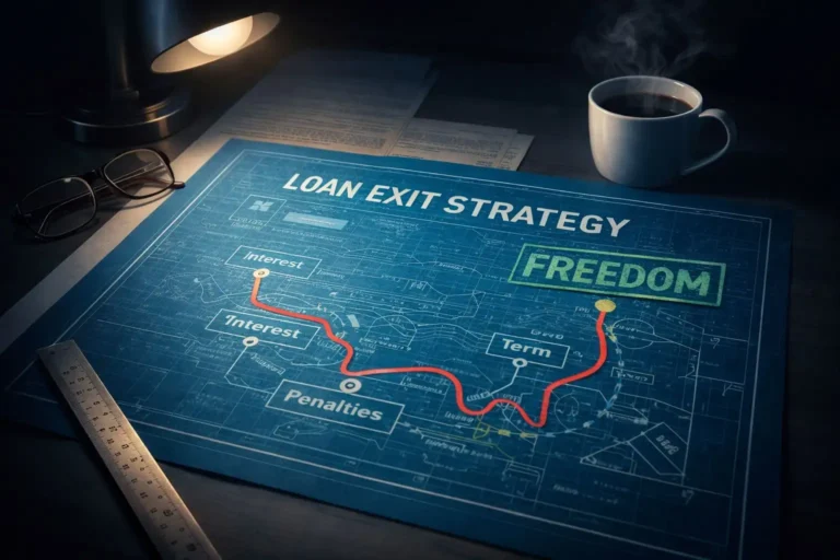 Blueprint showing a bank loan exit strategy with an escape route leading to financial freedom