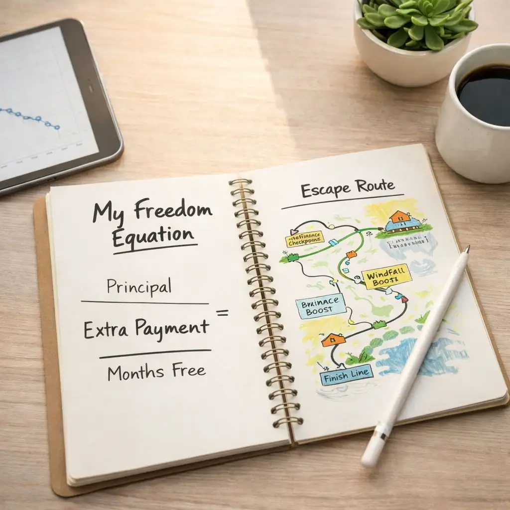 Notebook showing a bank loan exit strategy calculation and payoff plan with freedom equation and debt escape milestones