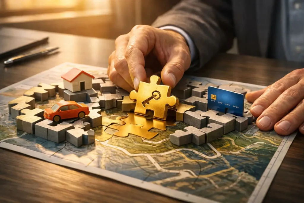 Person placing a golden key puzzle piece on a financial maze symbolizing a smart bank loan exit strategy to escape debt faster.