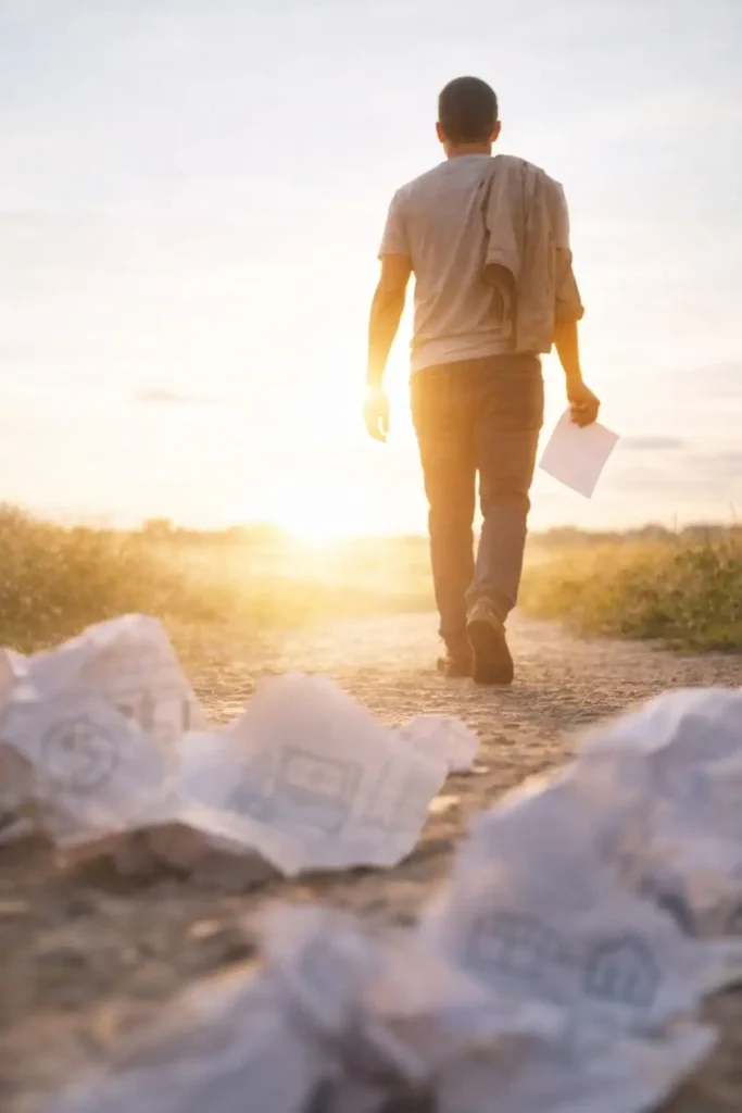 Person walking toward open space holding a completed plan, symbolizing success after a bank loan exit strategy