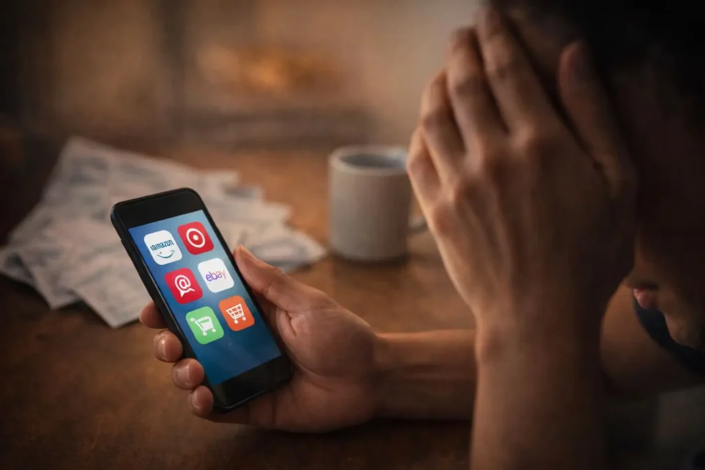 Person feeling financial stress while reviewing spending habits on phone, highlighting the need for a smart investing emerging markets