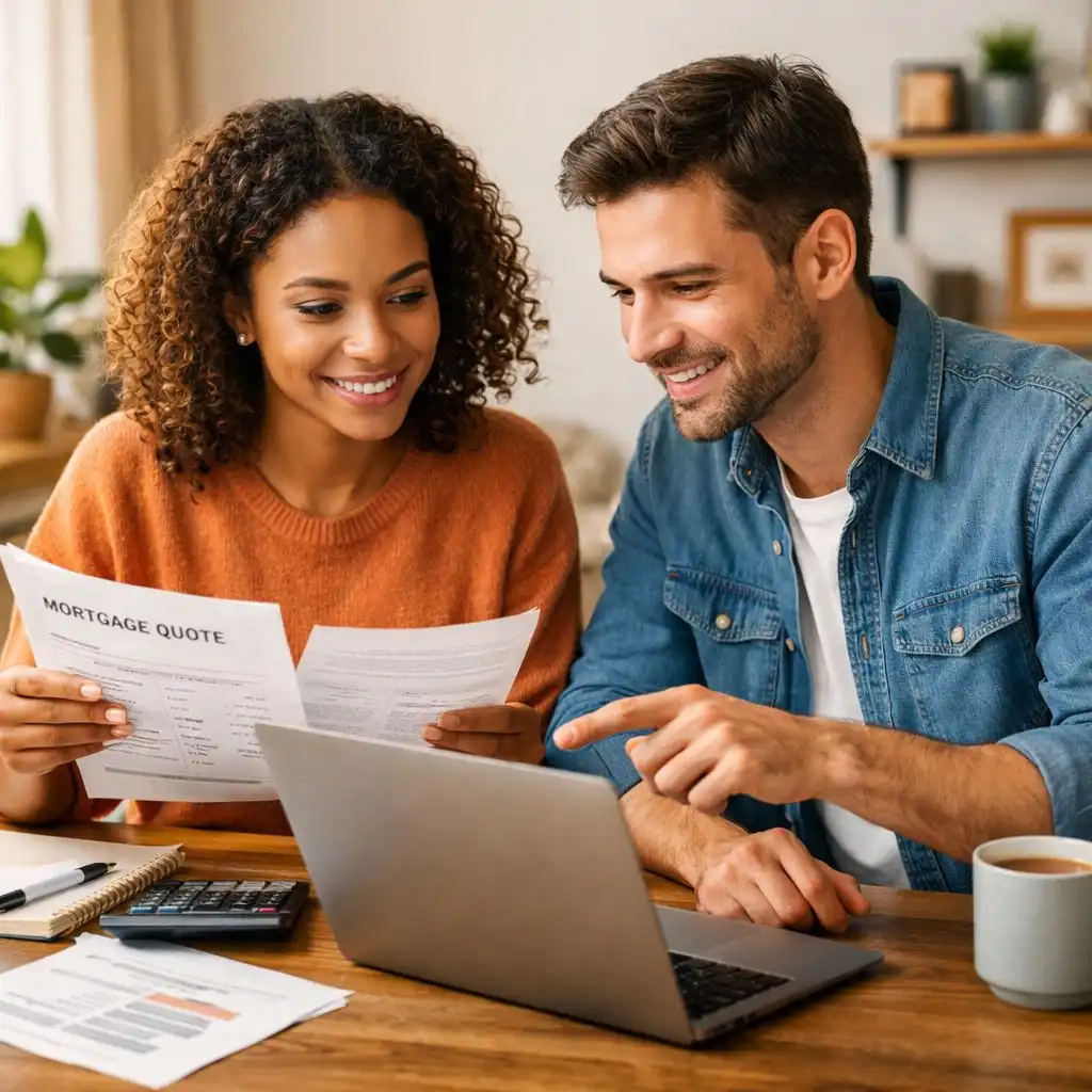 Young couple comparing mortgage quotes at home, reinforcing why you should always shop your mortgage quote and compare mortgage rates.