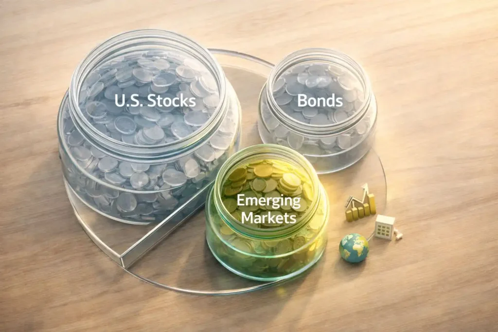 Portfolio allocation showing U.S. stocks, bonds, and emerging markets to explain a balanced investing in emerging markets