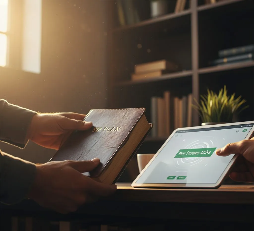 Hands closing a SIP plan journal and activating a new sip exit strategy on a tablet