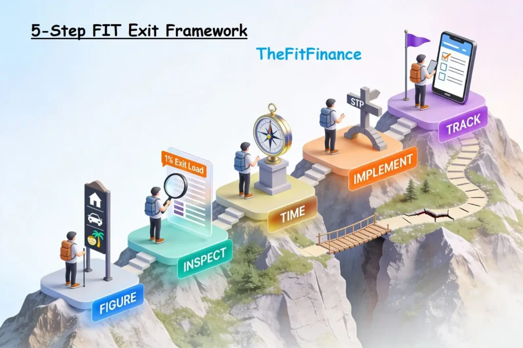 Infographic explaining the 5-step FIT sip exit strategy framework for systematic mutual fund exit planning