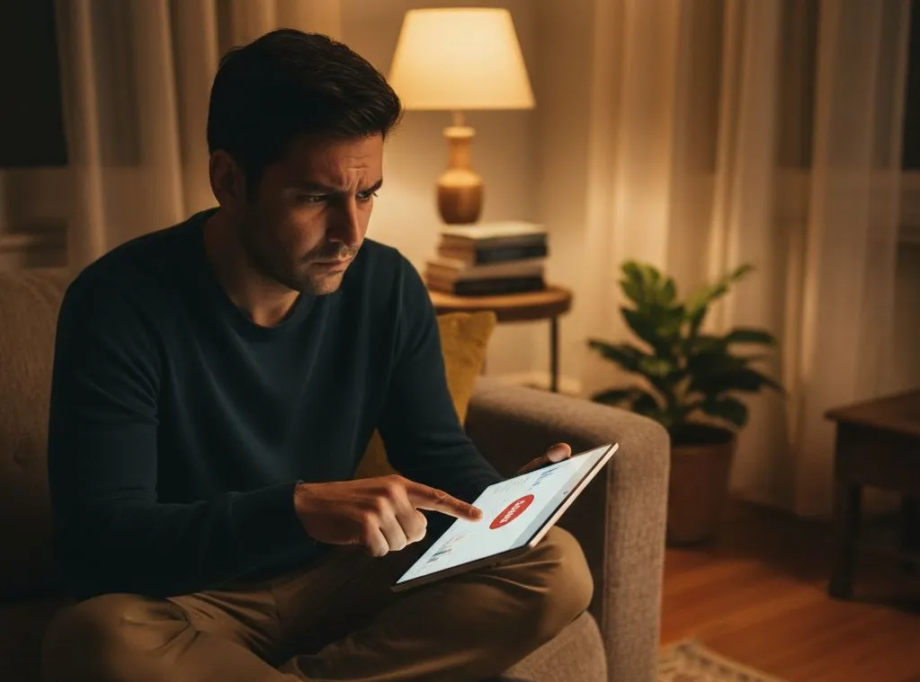 Investor hesitating to stop a SIP on a mutual fund app while planning a smart sip exit strategy at home