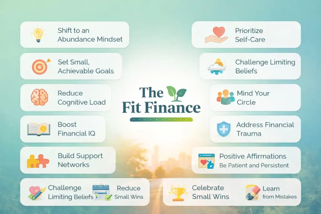Infographic by The Fit Finance outlining growth strategies that challenge myths about the average iq of poor people and focus on mindset and financial literacy.