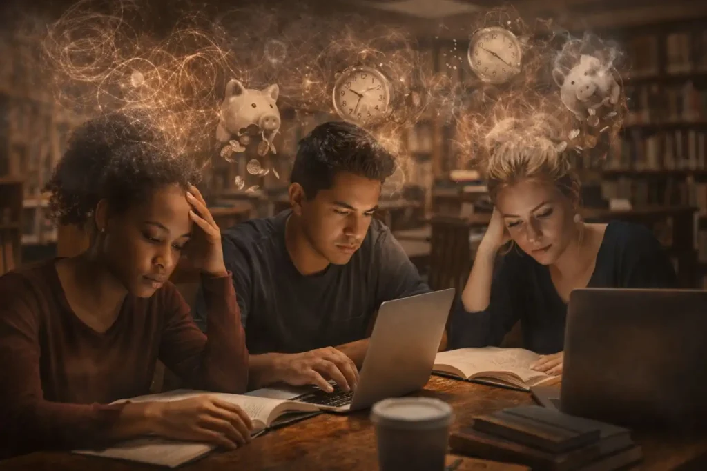 Three diverse young adults studying in a public library with subtle stress overlays symbolizing how poverty influences cognitive load and the average IQ of poor people