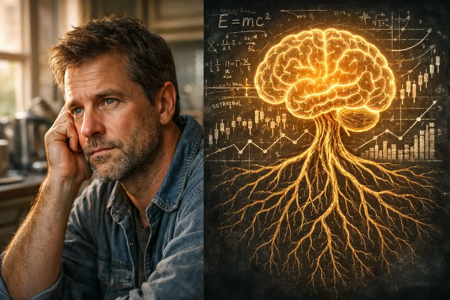 Thoughtful middle-aged man in modest kitchen beside glowing brain illustration with financial graphs symbolizing the average IQ of poor people and the impact of environment on intelligence