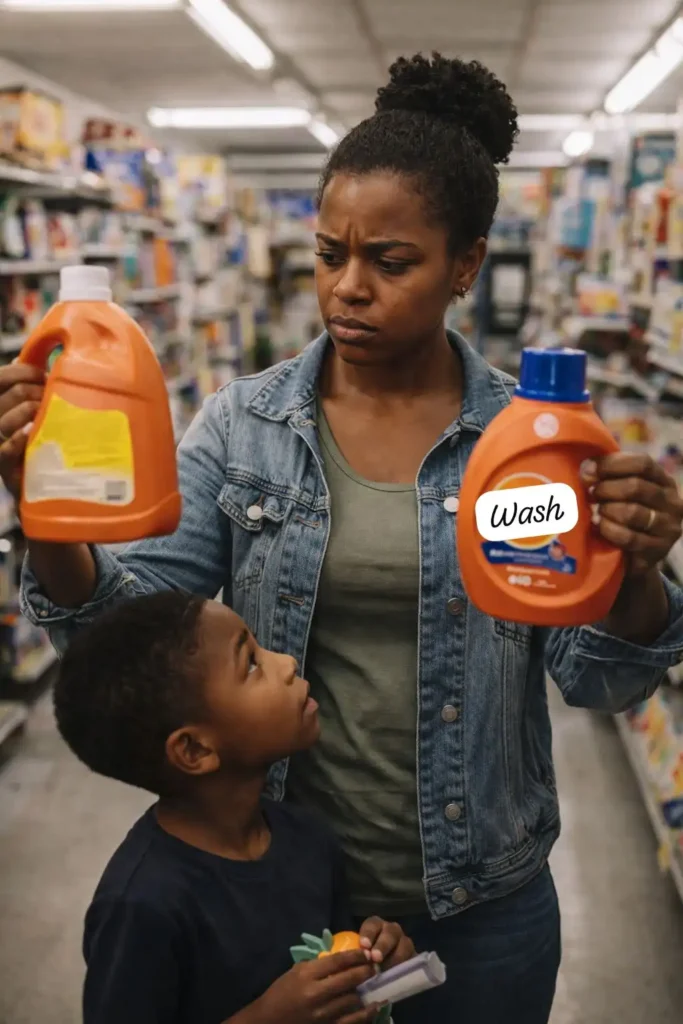 Black mother comparing two household products in a dollar store while her son looks up at her, symbolizing financial stress and discussions around the average IQ of poor people