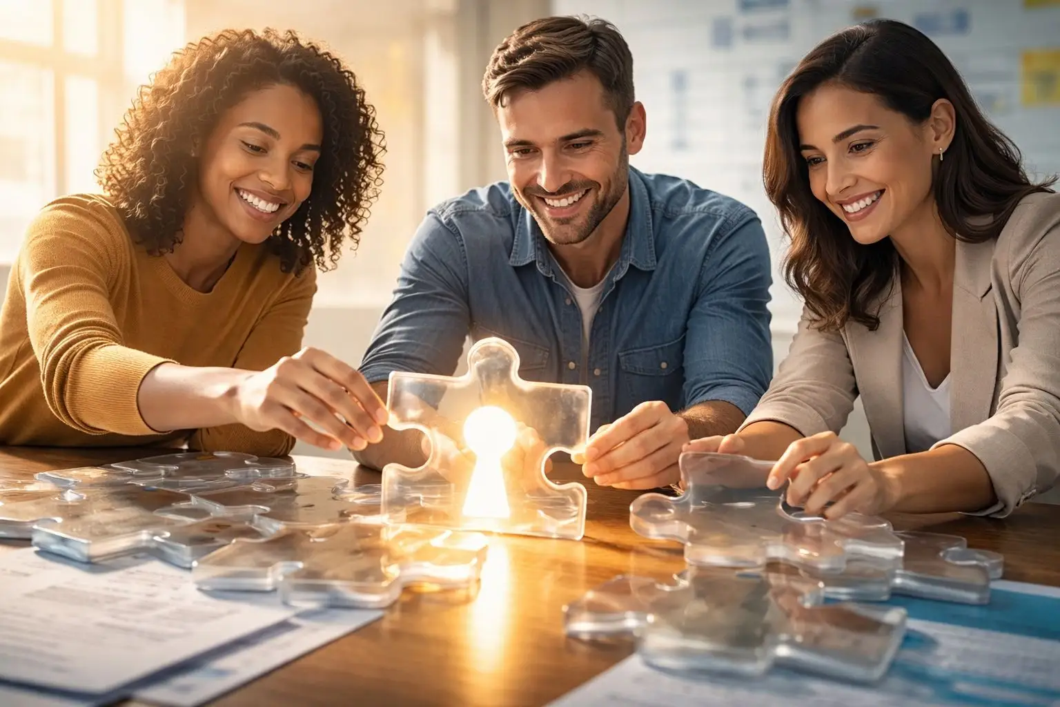 Three Americans solving credit card debt using a smart credit card debt loophole strategy with puzzle pieces over financial statements