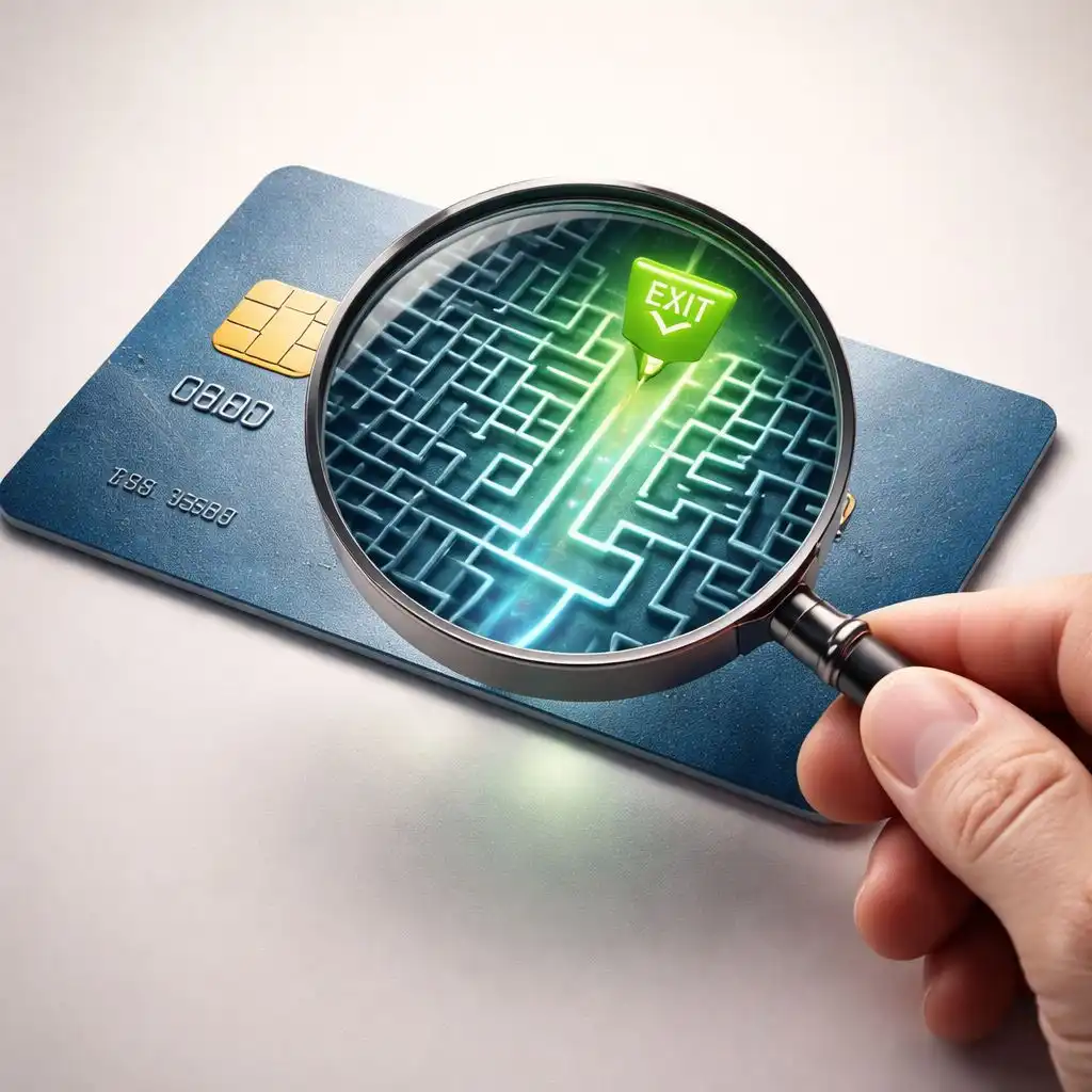Magnifying glass revealing a hidden exit path on a credit card symbolizing a smart credit card debt loophole strategy