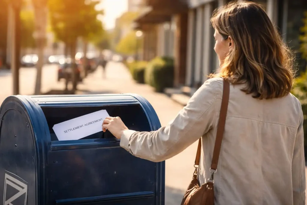 Woman mailing a settlement agreement after using a smart credit card debt loophole to escape high-interest debt