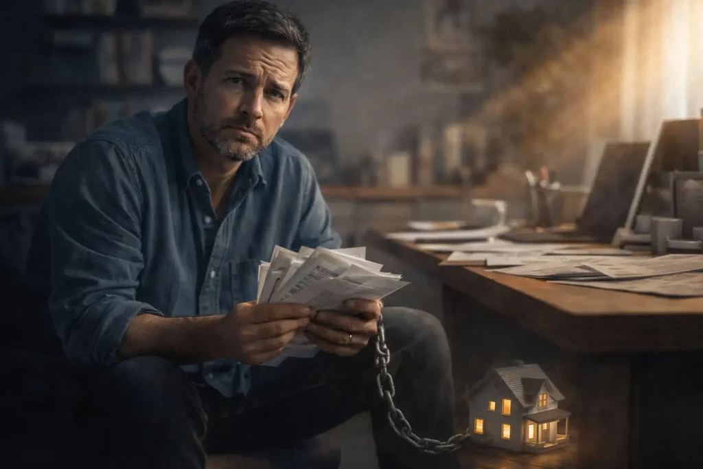 Man holding bills and feeling trapped by home loan, showing the struggle of how to get out of a mortgage
