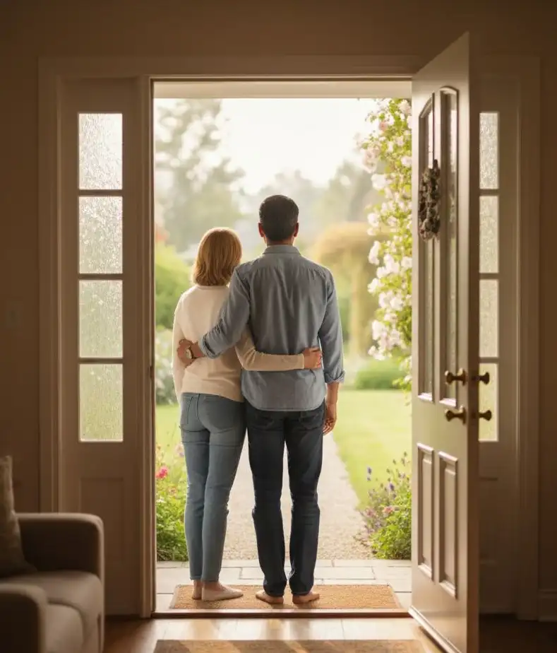 Couple standing at their front door looking toward a bright future after learning how to get out of a mortgage