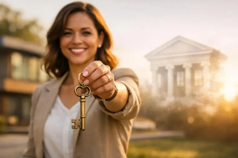 Smiling woman handing over a house key symbolizing freedom and explaining how to get out of a mortgage