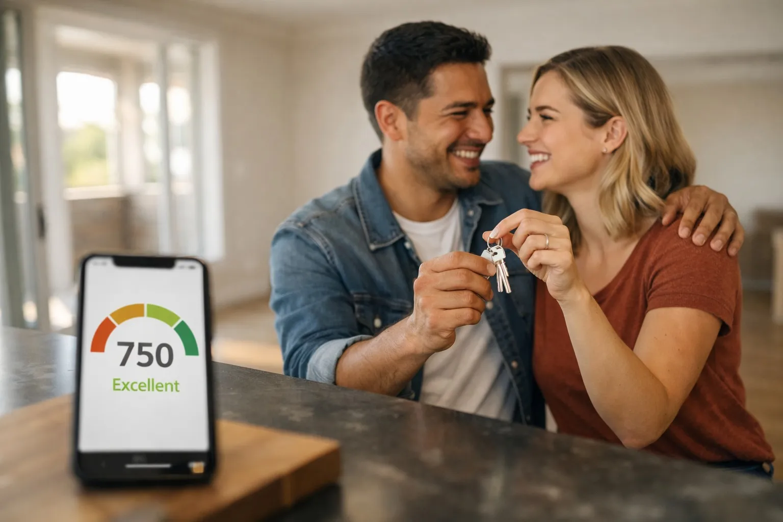 Young couple celebrating in a new apartment after rebuilding credit fast, holding house keys while a smartphone shows a 750 excellent credit score.