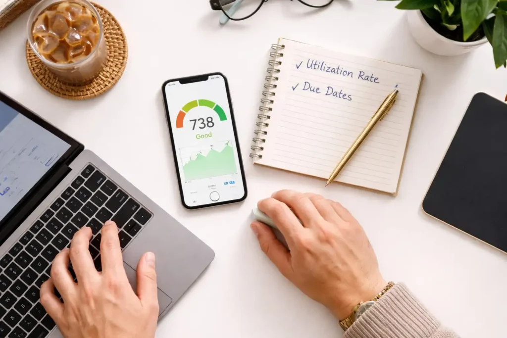 Top-down view of a person tracking their credit score on a smartphone app while taking notes on utilization rate and due dates, rebuilding credit fast.