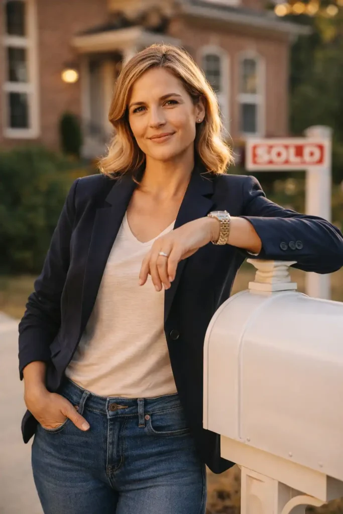 Confident female homeowner standing outside her newly purchased house after rebuilding credit fast and achieving financial stability.