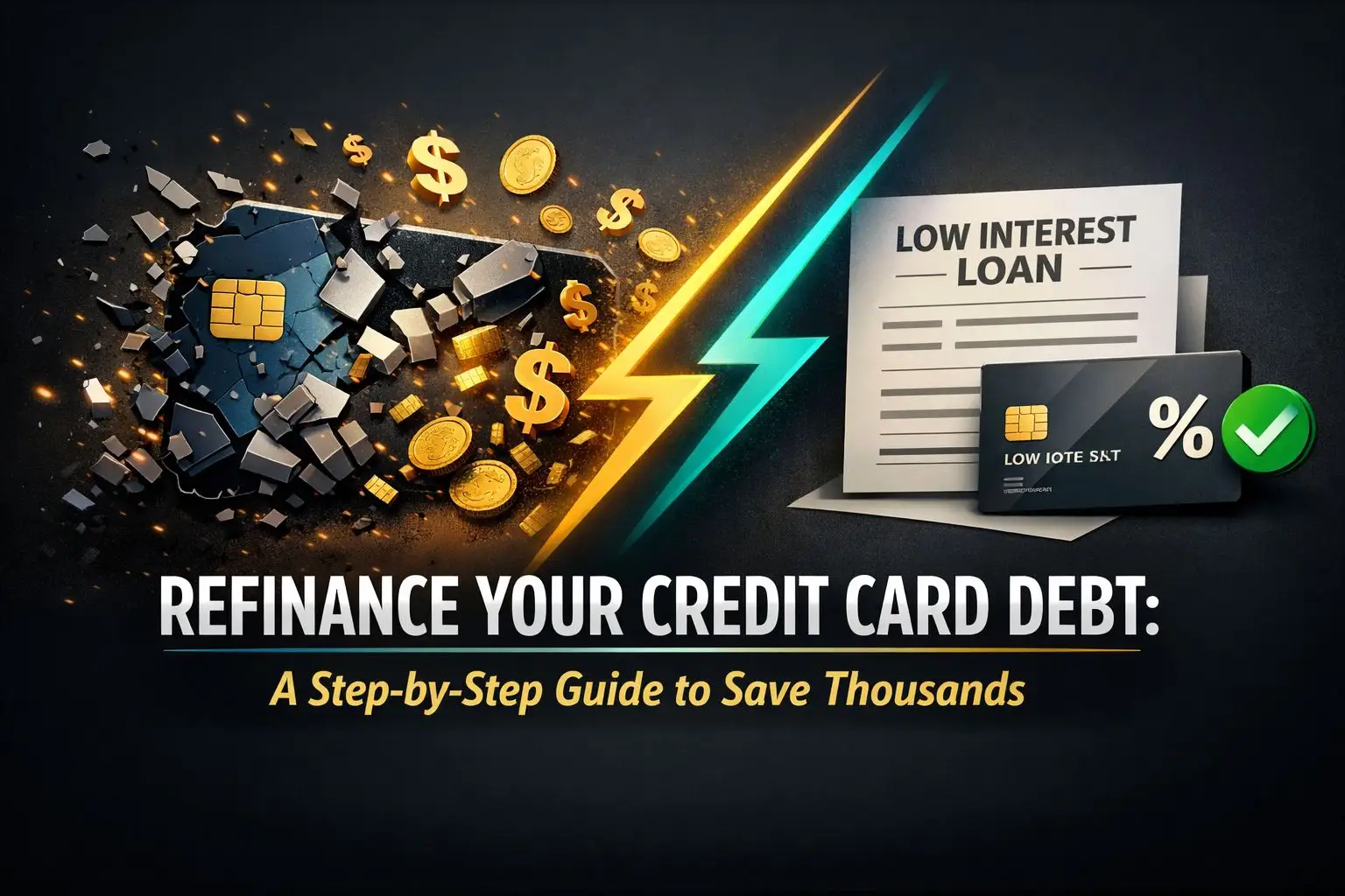 Refinance credit card debt infographic showing high-interest credit card breaking into a low-interest personal loan to save thousands.