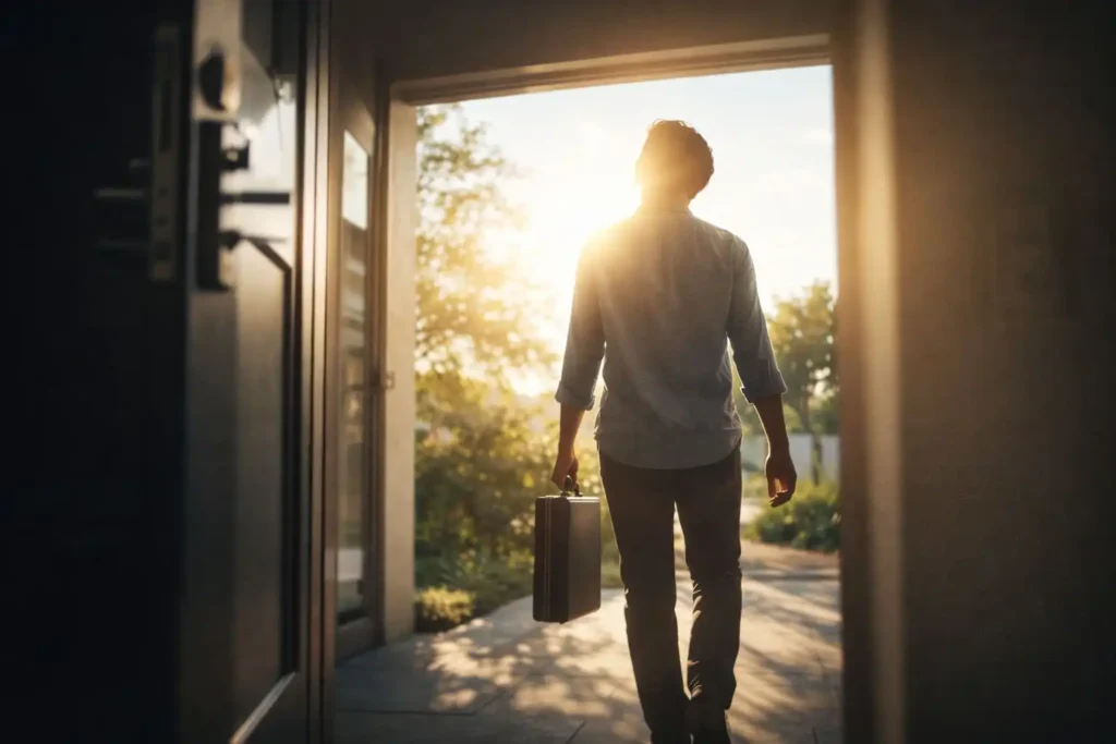 Person stepping into a bright new day symbolizing how refinance credit card debt leads to financial freedom.