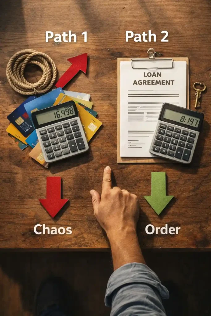 Visual comparison showing two financial paths—credit card chaos versus order—illustrating how to refinance credit card debt into a structured loan.