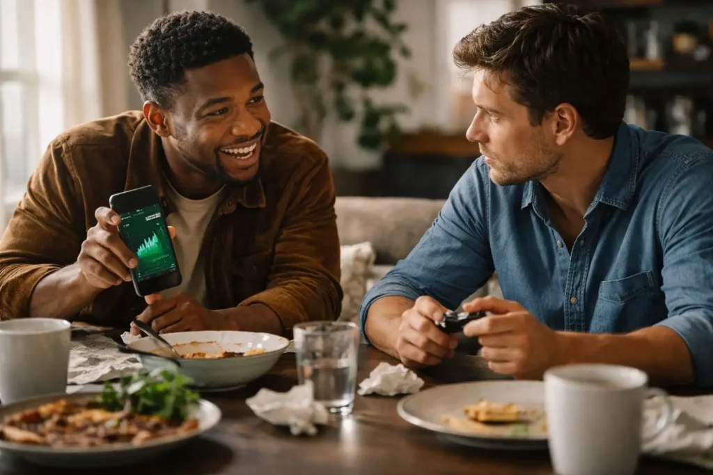 Two cousins debating at a messy dinner table, one showing a rising stock portfolio on his phone while the other holds car keys thoughtfully, illustrating scarcity mindset vs abundance mindset